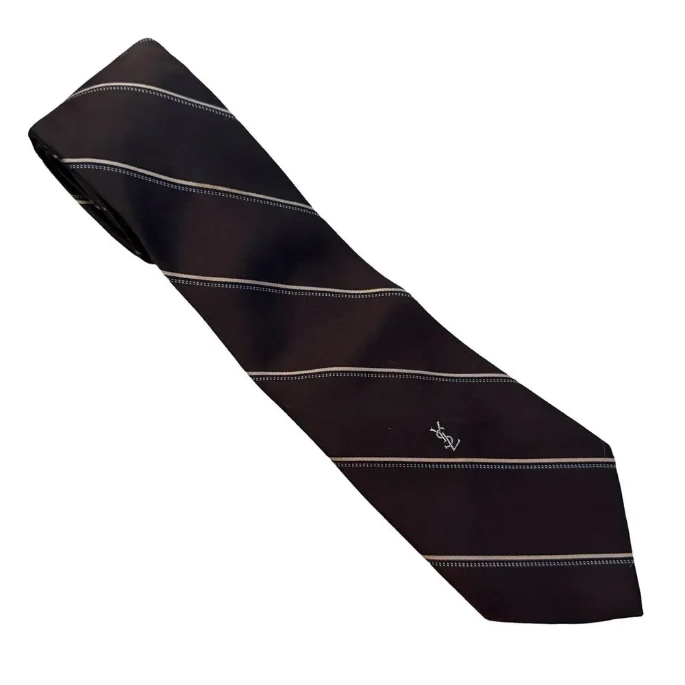 Vintage Yves Saint Laurent YSL Chocolate Brown Beige Diagonal Striped Silk Tie